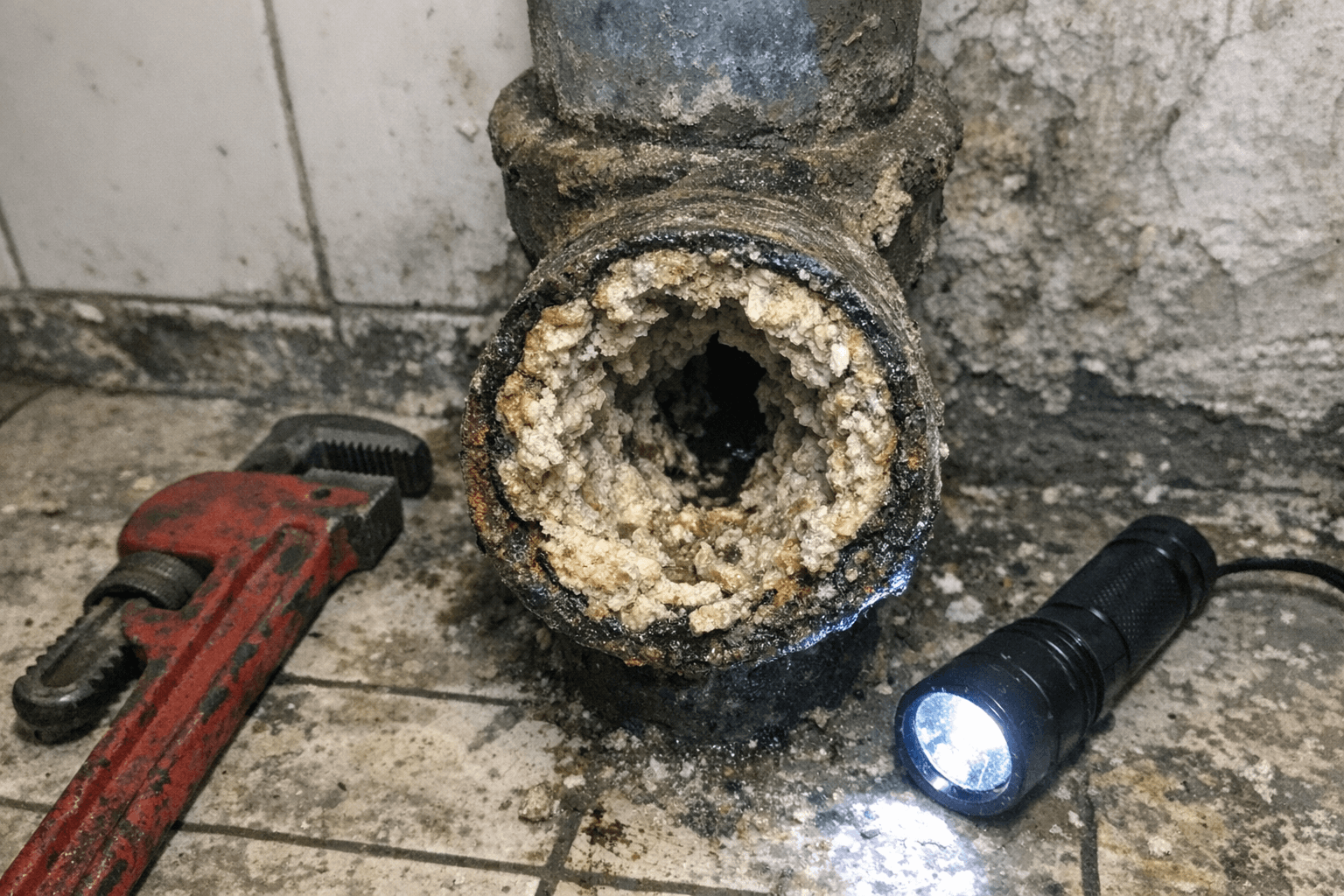 Nahaufnahme eines Monteurs, der ein älteres Abflussrohr mit Inspektionslicht kontrolliert