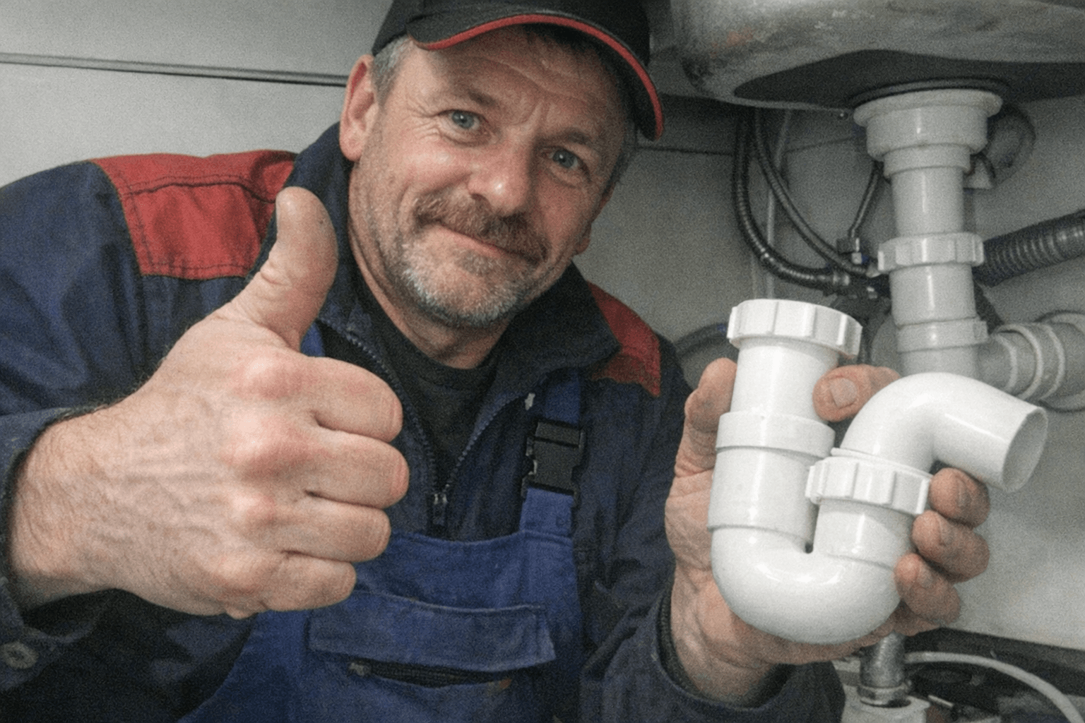 Facharbeiter führt eine Reinigungsspirale kontrolliert in ein geöffnetes Abflussrohr ein