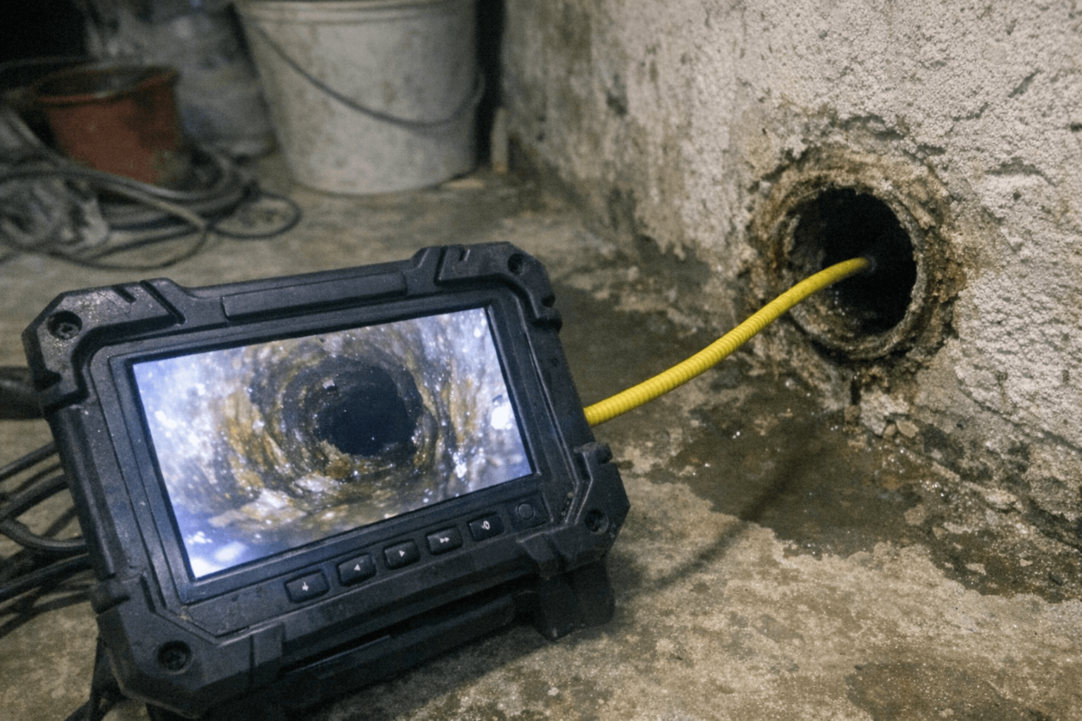 Kleines Kamerabild auf einer Geräteanzeige während der Rohrinspektion im Bad
