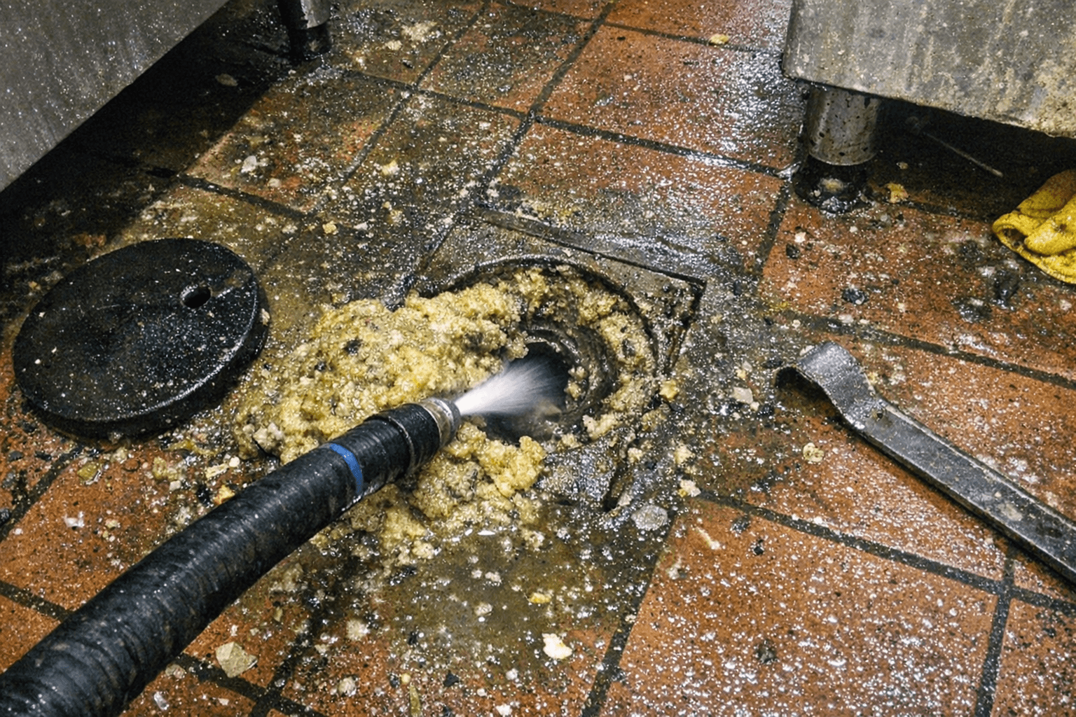 Techniker entfernt Fettablagerungen aus einer Küchenleitung mit Spezialgerät